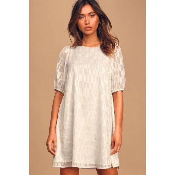 Lulus Dresses & Skirts - Lulus Check Up On It Shift Dress Size Small White/Gold Short Sleeve Metallic NEW